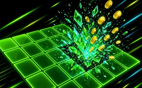 Neon green mine grid with a tile bursting into sparks