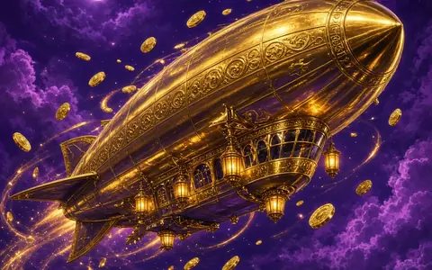 Gold airship flying through a purple night sky