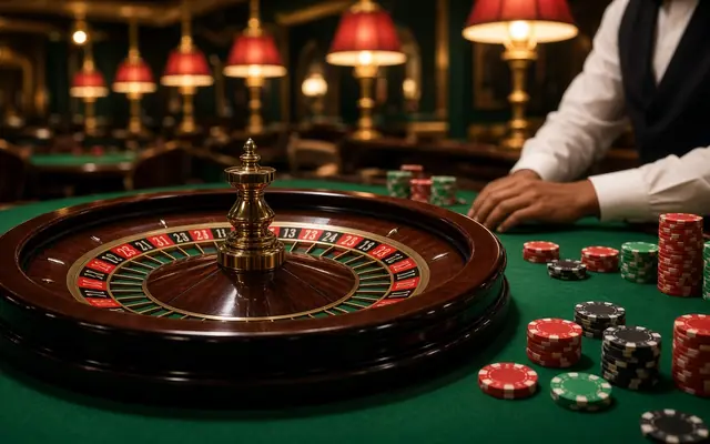 American roulette wheel on green felt