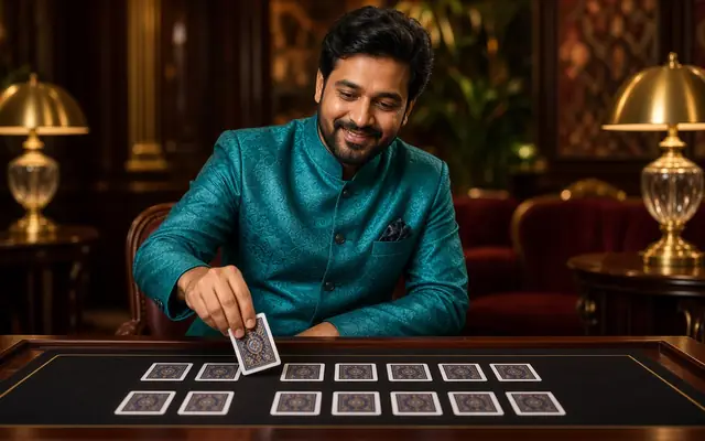 Dealer in a teal jacket dealing two card rows