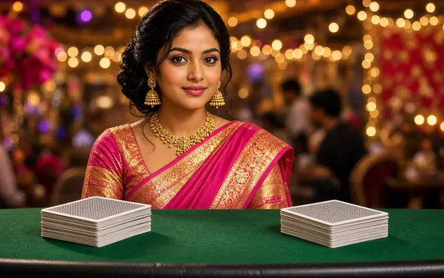 Dealer in a pink sari with two card piles