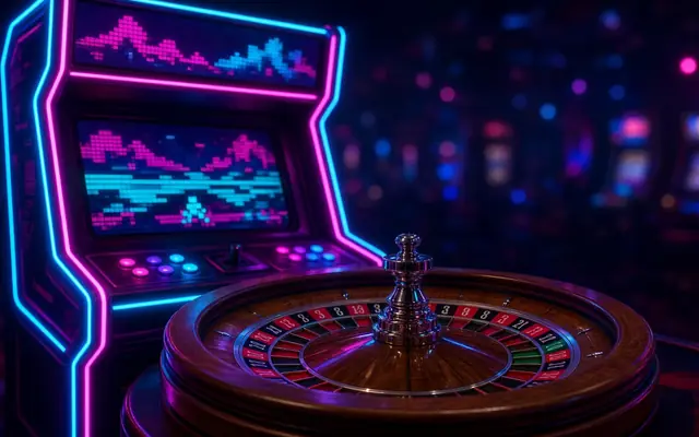 Neon arcade cabinet around a roulette wheel