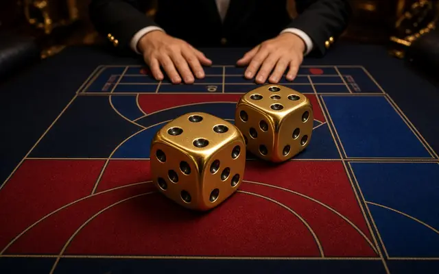 Two gold dice on a baccarat layout