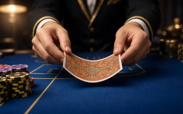 Dealer bending a card over a baccarat table