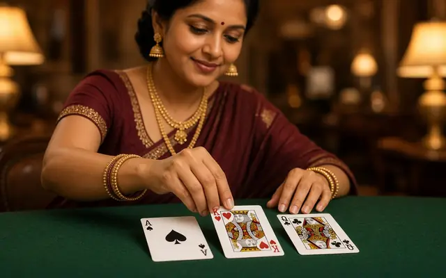 Dealer laying three Teen Patti cards on green felt