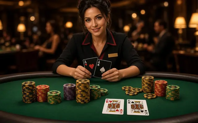 Blackjack table with stacks of gold chips