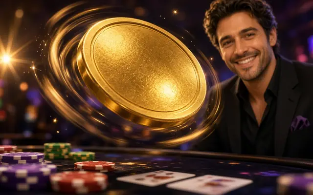 A giant gold coin frozen mid flip