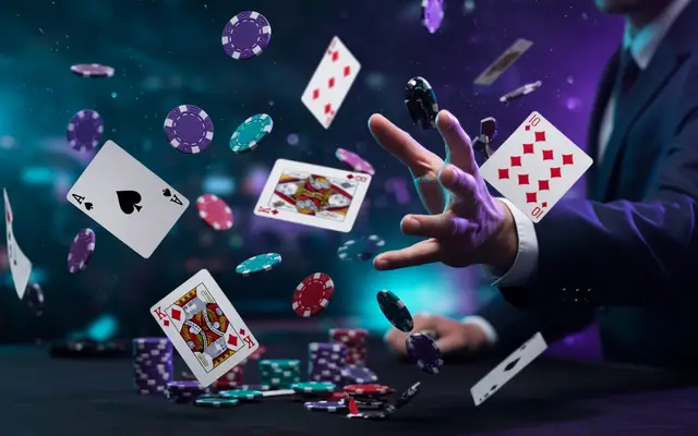 Playing cards and chips floating above a poker table