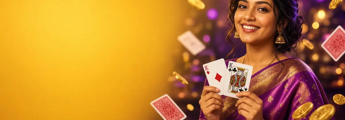 Woman in a purple sari holding two playing cards