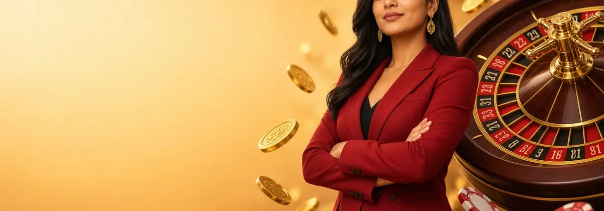 Woman in a red blazer beside a gold roulette wheel