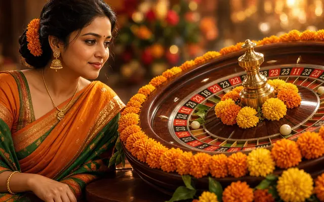 Dealer in a saffron sari beside a roulette wheel
