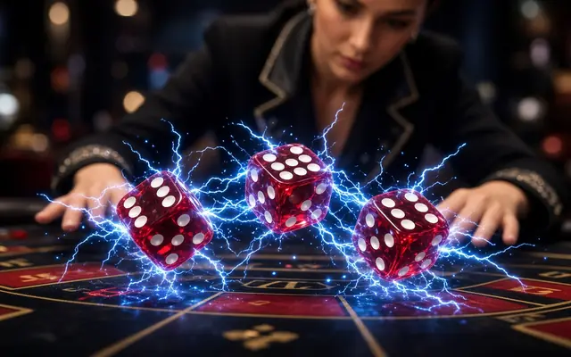 Dice crackling with lightning on a sic bo table
