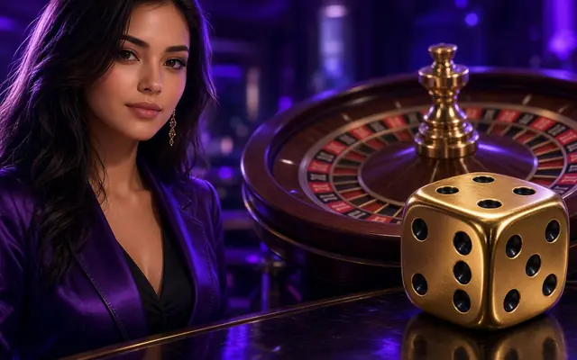 Roulette wheel beside a large gold die
