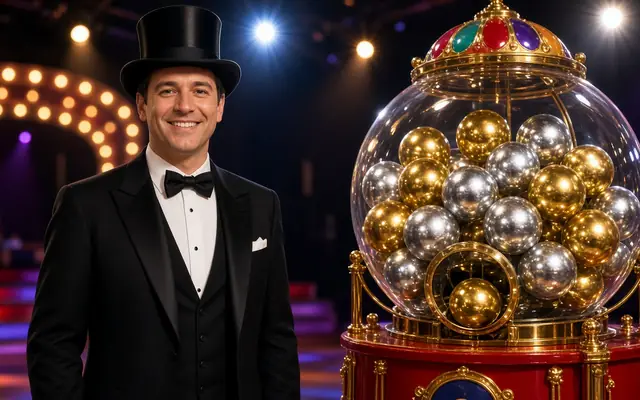 Game show ball machine with a host in a top hat