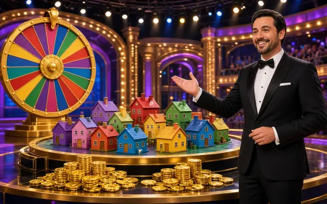 Colorful game show set with houses and a wheel