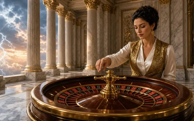 Gold roulette wheel inside a marble temple