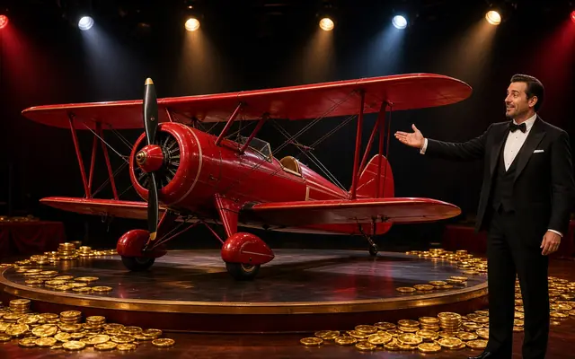 Red biplane on a game show stage
