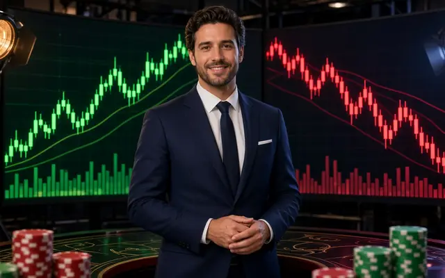 Host in front of green and red market screens