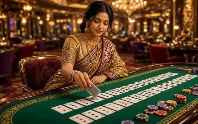 Dealer in a gold sari dealing Andar Bahar