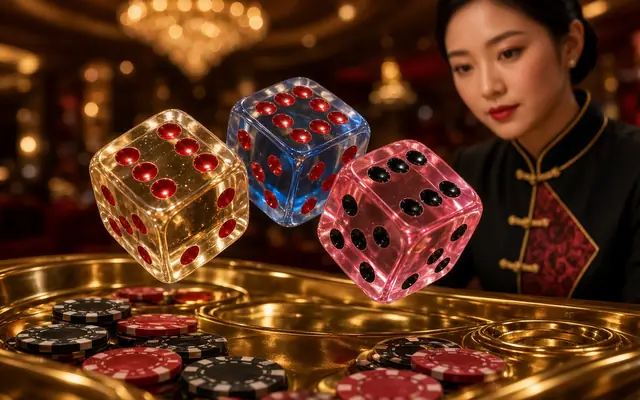 Three large dice tumbling over a gold table