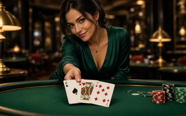 Dealer in green dealing three Teen Patti cards