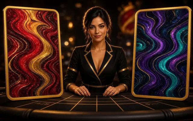 Two oversized cards standing on a black table