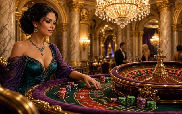 Palace roulette table under a chandelier