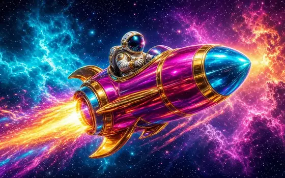 Astronaut rocket climbing past stars