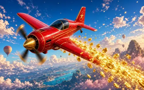 Aviator plane climbing through a red sky