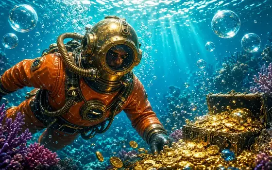 Diver character under blue water