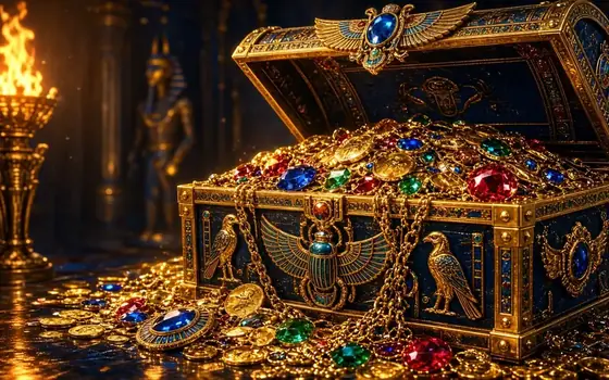 Egypt Chests gold sarcophagus and coins