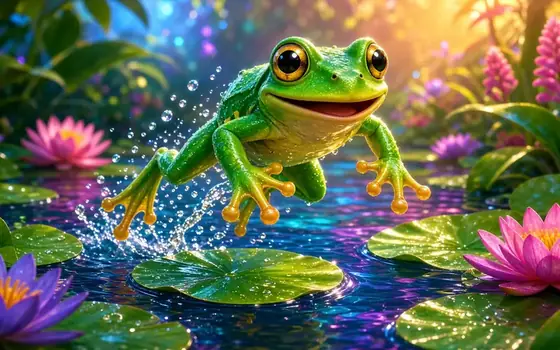 Frog Jump green frog on lily pads