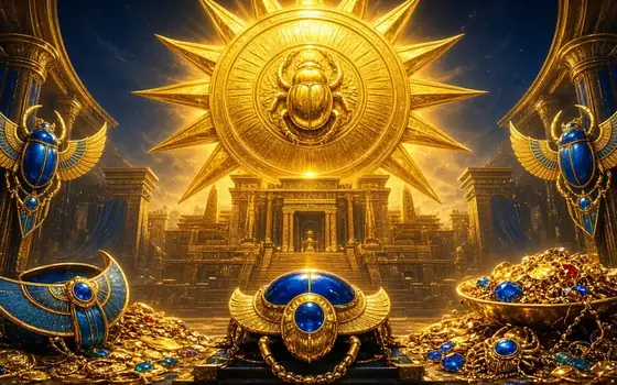 Sun of Egypt golden sun and scarabs