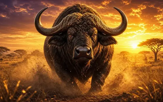 Buffalo charging through a gold frame