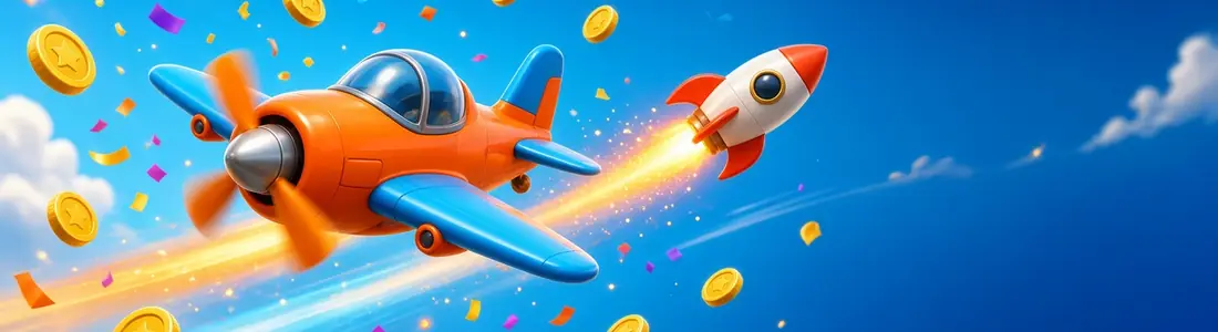 Orange plane and a rocket flying through gold coins