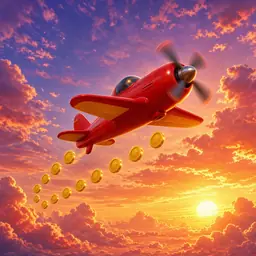Red plane flying through a sunset with gold coins