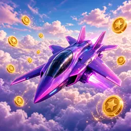 Purple jet above the clouds with gold coins