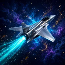 Silver jet with a cyan trail