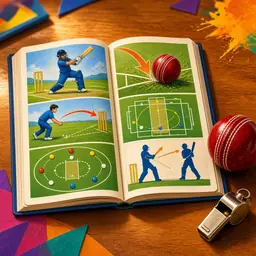 Open cricket playbook with a ball and a whistle
