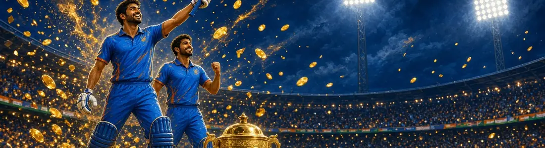 Cricket players celebrating with a trophy in a night stadium
