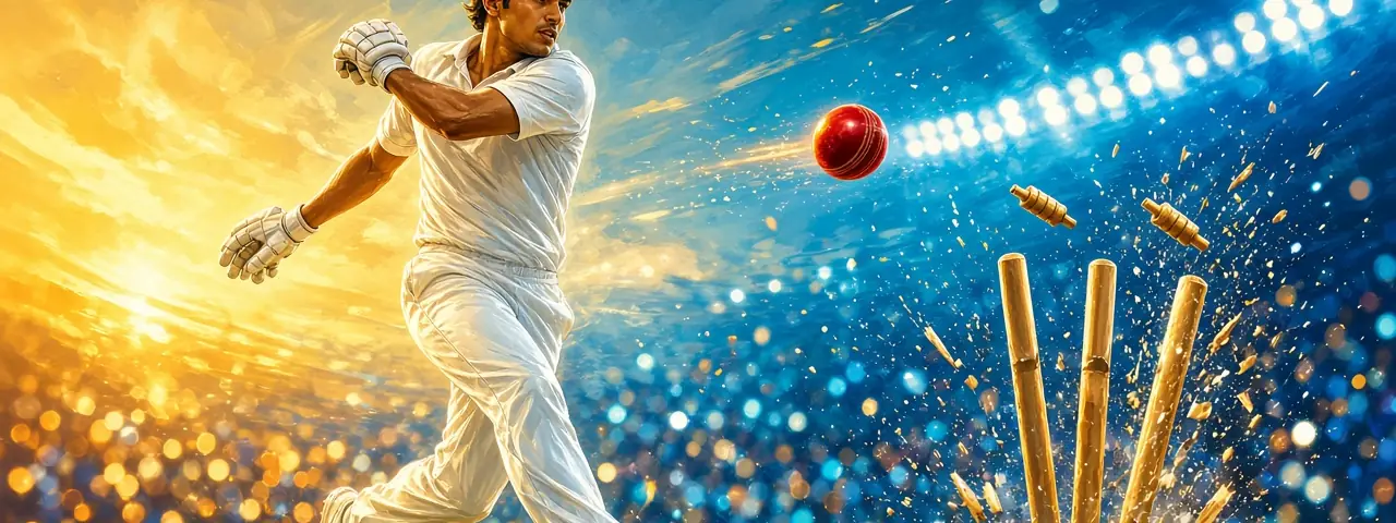 Bowler in whites with stumps flying and a red ball